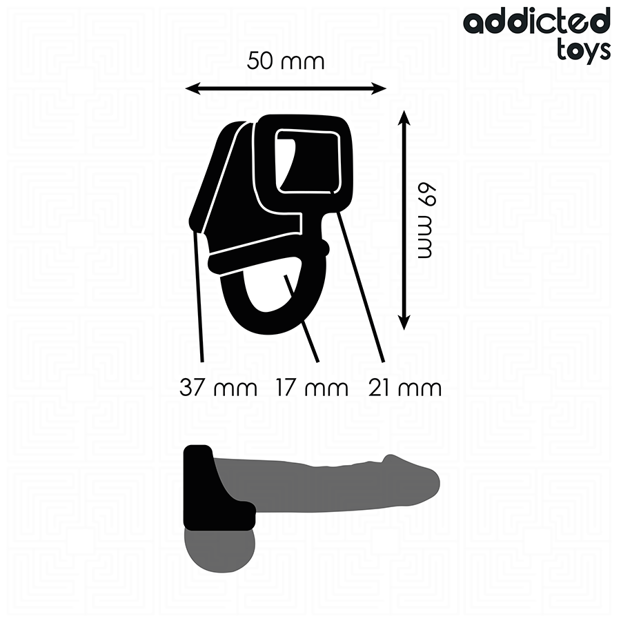 Schema cote Addicted de la cage cockring, dimensions 50 par 69 mm et boucles 37, 17 et 21 mm avec silhouette grisee non realiste, accessoire en silicone noir.