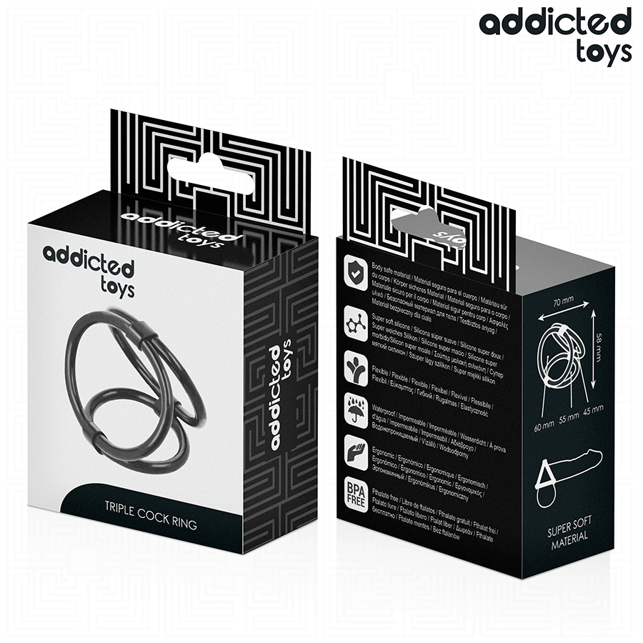 Emballage Addicted Triple Cock Ring vu de face et profil, fiche produit du triple anneau penien cordon en silicone super doux, packaging noir.