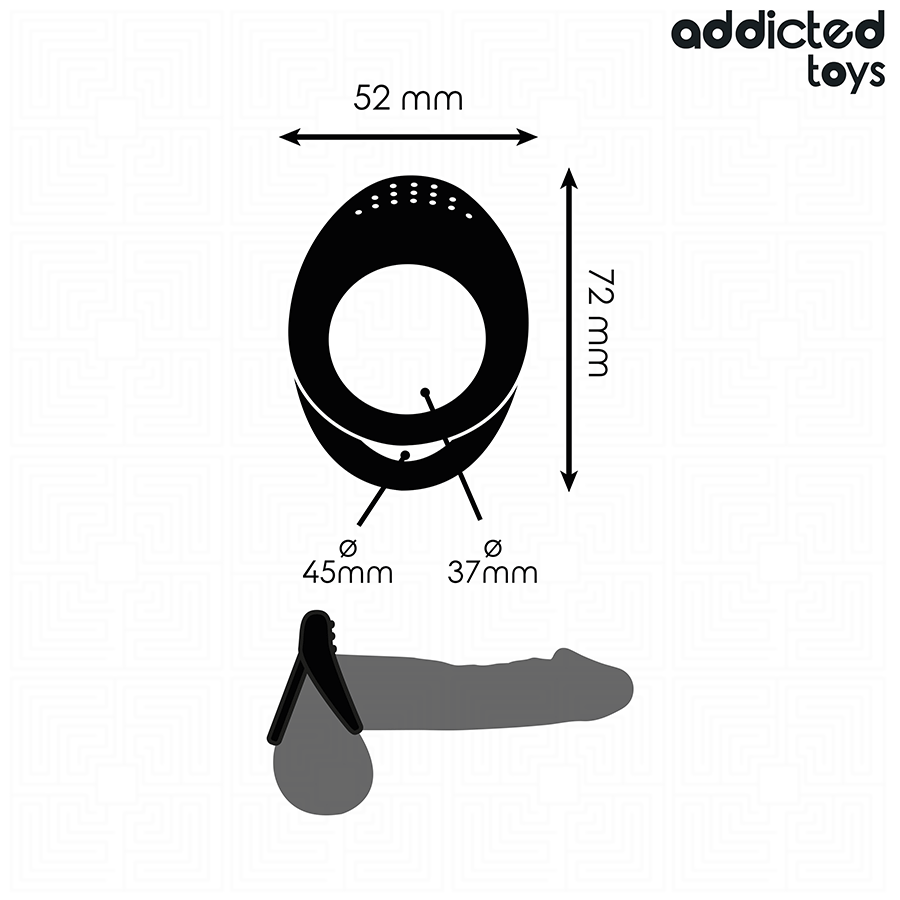 Schema cote Addicted de l'anneau penien double, dimensions 52 par 72 mm et diametres 45 et 37 mm avec silhouette grisee non realiste, cockring en silicone noir.