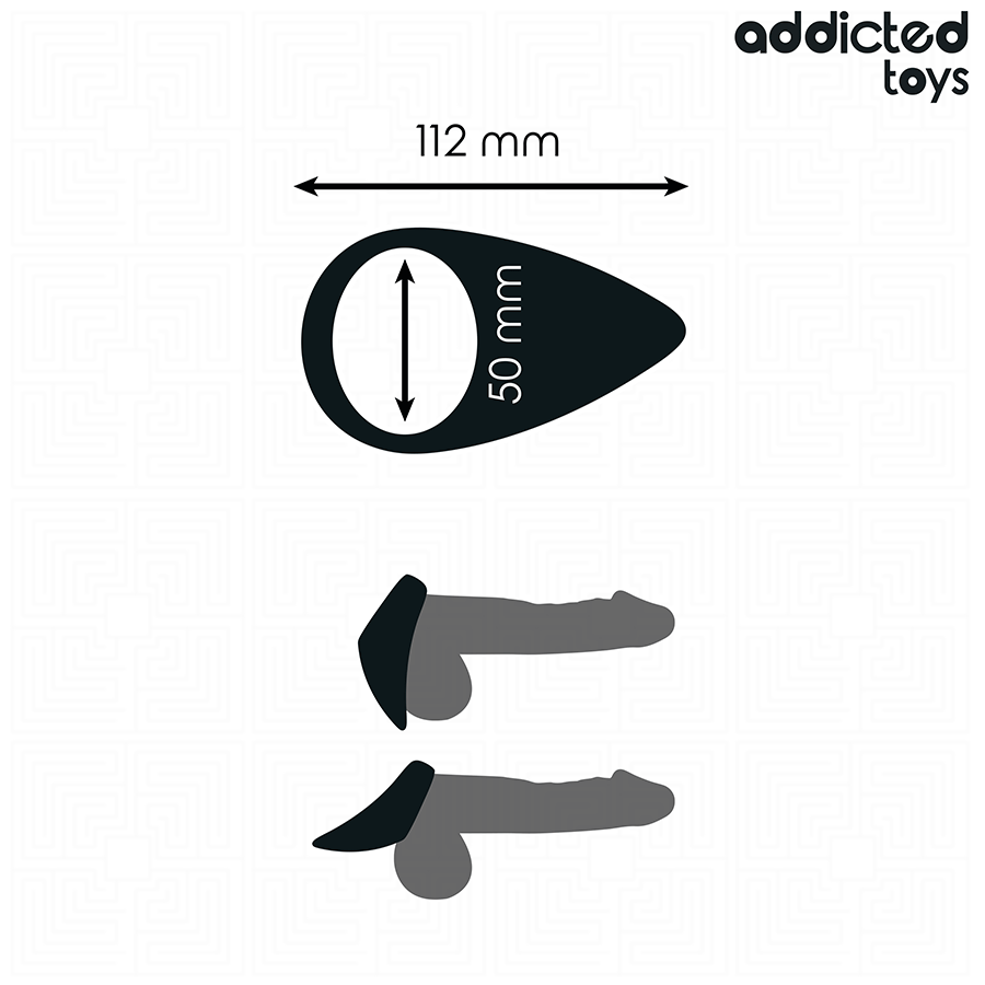 Schema cote Addicted de l'anneau penien larme, dimensions 112 par 50 mm avec silhouettes grisees non realistes de mise en place, cockring en silicone noir.
