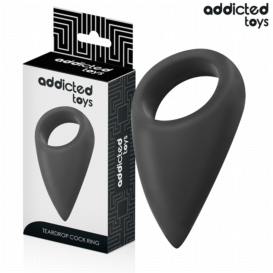Boite Teardrop Cock Ring Addicted avec son anneau penien en forme de larme en silicone noir, cockring ergonomique pour le maintien de l'erection.