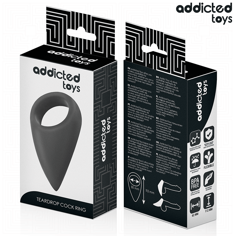 Emballage Addicted Teardrop Cock Ring vu de face et profil, fiche produit de l'anneau penien larme en silicone, packaging noir.