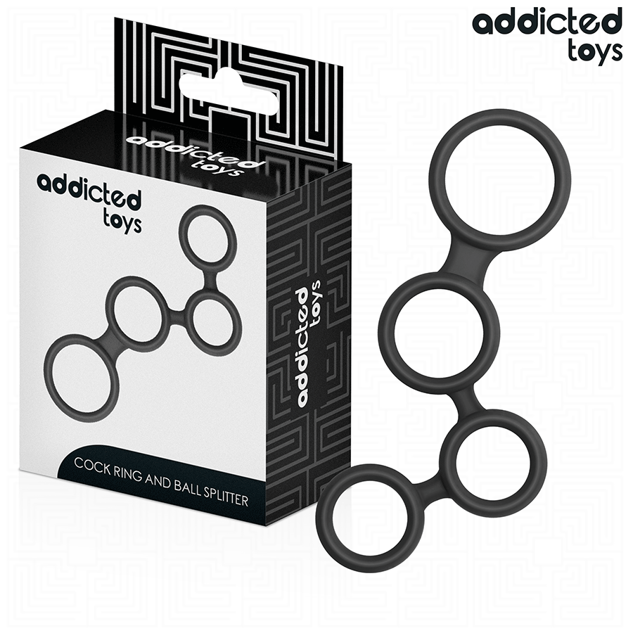 Boite Cock Ring and Ball Splitter Addicted avec son anneau penien a trois boucles en silicone noir, cockring separateur de testicules pour le maintien de l'erection.