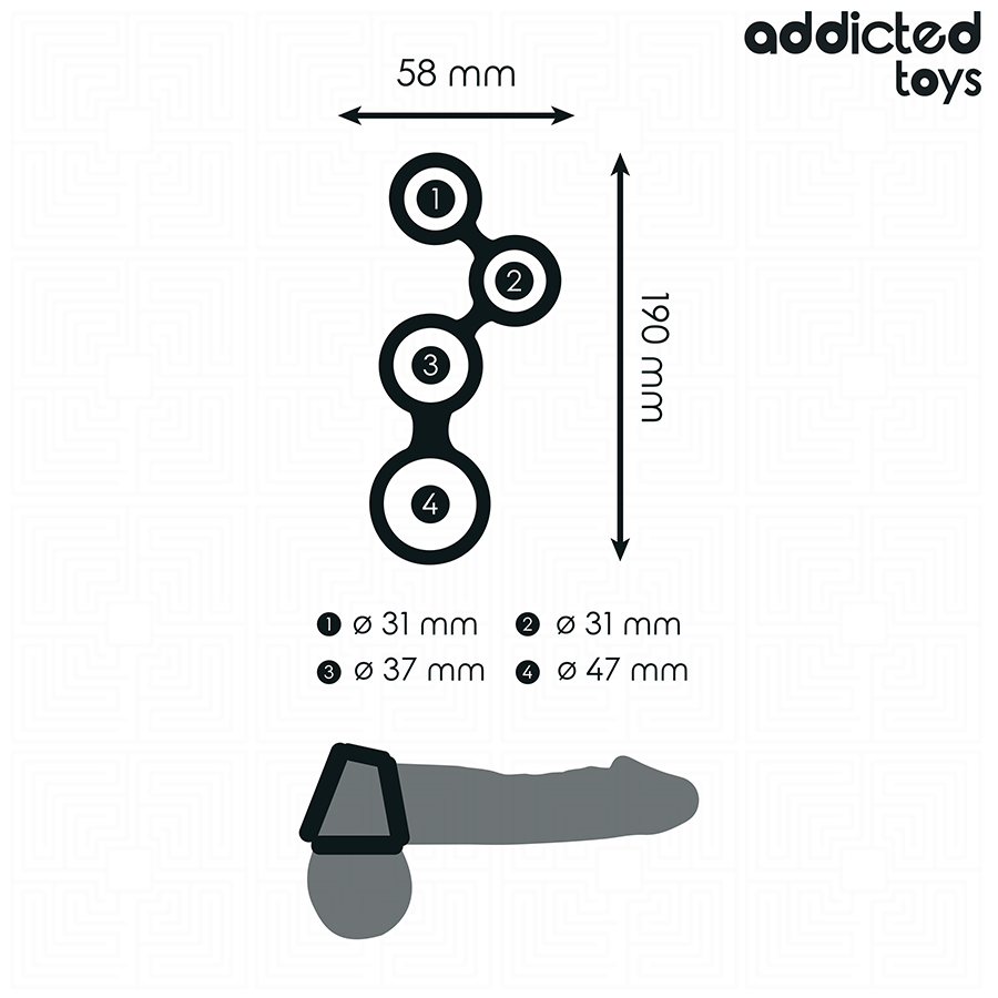Schema technique de l'anneau penien Addicted avec separateurs pour testicules en silicone, cotes detaillees 58 mm de large et 190 mm, diametres des boucles indiques.