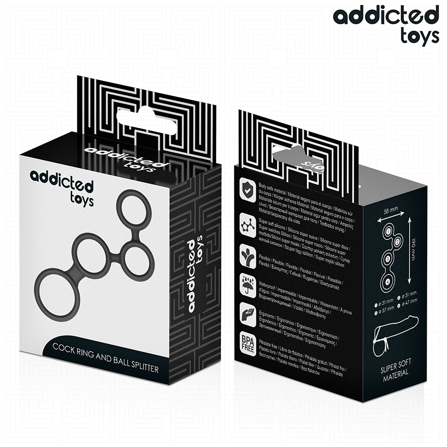 Boite Addicted de l'anneau penien avec separateurs, packaging noir et blanc face et dos, visuel du produit silicone et pictogrammes de caracteristiques.