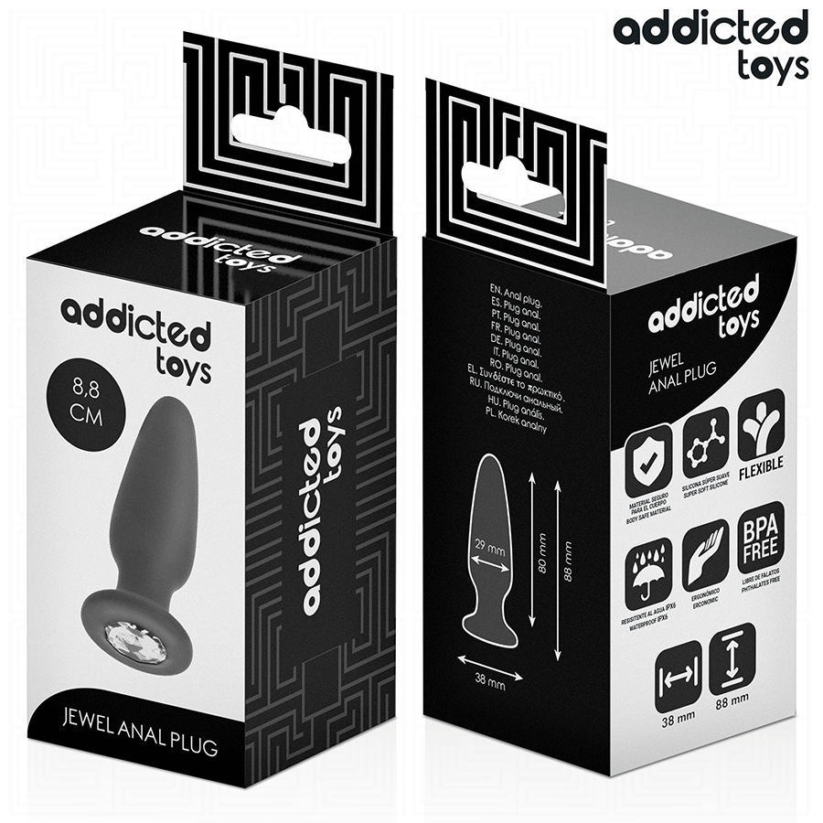 Boite du plug anal bijou Addicted format 8,8 cm, recto verso montrant le plug silicone avec cristal et les pictogrammes flexible et sans BPA pour un usage hygienique.