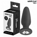 Plug anal bijou Addicted en silicone noir 8,8 cm avec cristal scintillant a la base, presente pres de sa boite, forme effilee pour une insertion douce et un maintien sur.