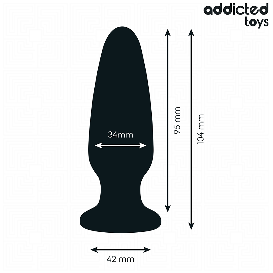 Schema de profil du plus grand plug anal bijou Addicted, cotes 104 mm de hauteur, 34 mm et 42 mm de diametre, forme conique a base evasee pour un maintien sur.
