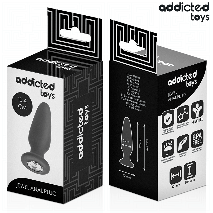 Boite du plug anal bijou Addicted 10,4 cm, recto verso detaillant le plug silicone a cristal, les cotes et les pictogrammes flexible et sans BPA du produit.