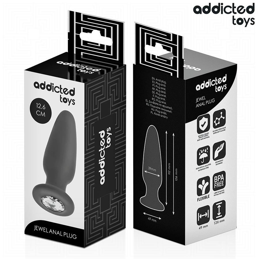 Boite du plug anal bijou Addicted 12,6 cm, recto verso illustrant le plug silicone a cristal, le schema des cotes et les pictogrammes flexible et sans BPA.