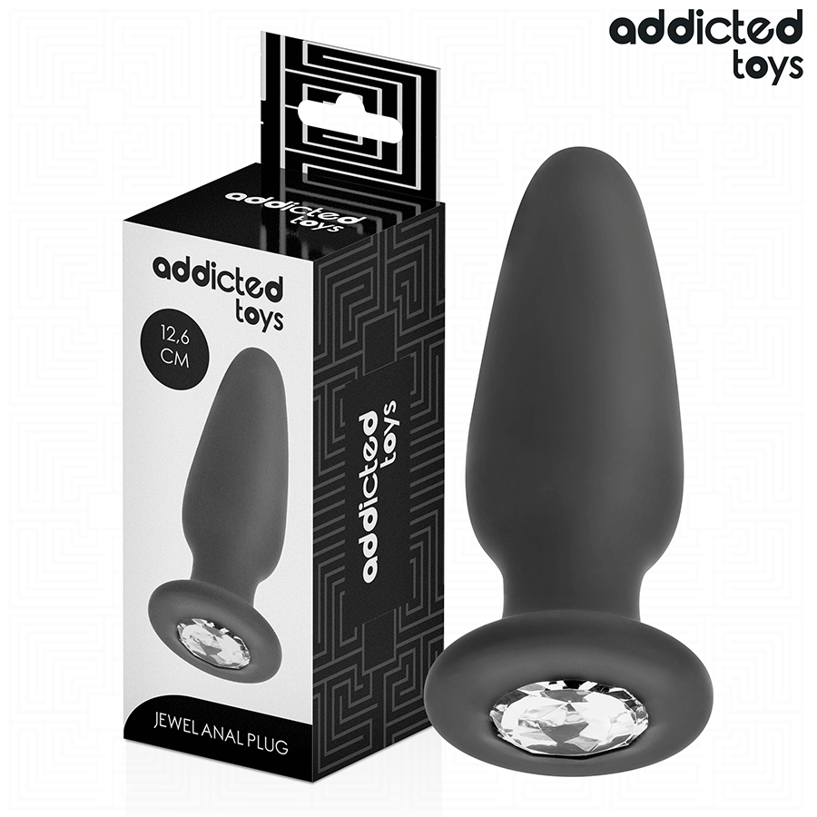 Boite du plug anal bijou Addicted 12,6 cm pres du plug silicone noir, base large ornee d'un cristal, corps conique allonge pour une insertion profonde et maitrisee.
