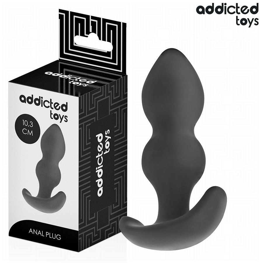 Boite Addicted Toys Anal Plug 10,3 cm avec le plug en silicone noir a forme boule a cote, corps etage et base incurvee pour un maintien sur.