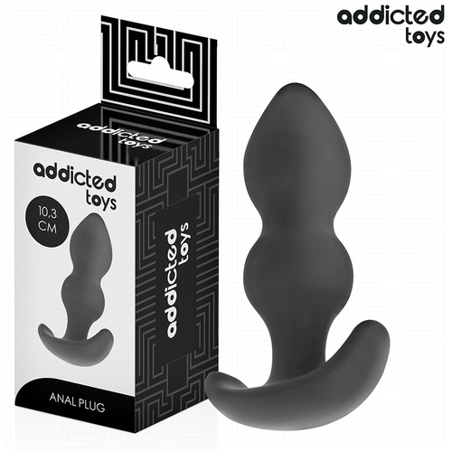 Boite Addicted Toys Anal Plug 10,3 cm avec le plug en silicone noir a forme boule a cote, corps etage et base incurvee pour un maintien sur.
