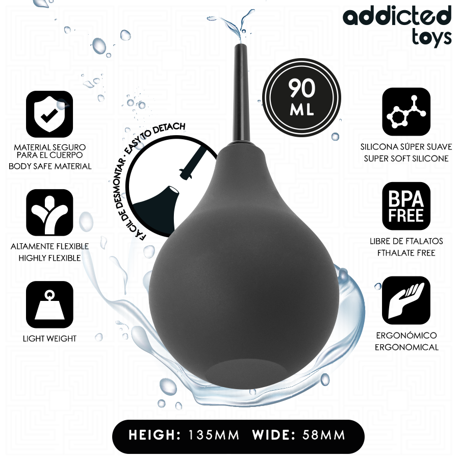 Poire de douche intime Addicted Toys 90 ml en silicone noir, vue produit.