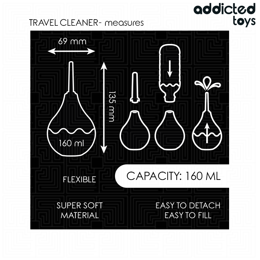 Schema technique de la poire de douche intime Addicted 160 ml, largeur 69 mm et hauteur 135 mm, capacite et etapes de remplissage en silicone flexible.