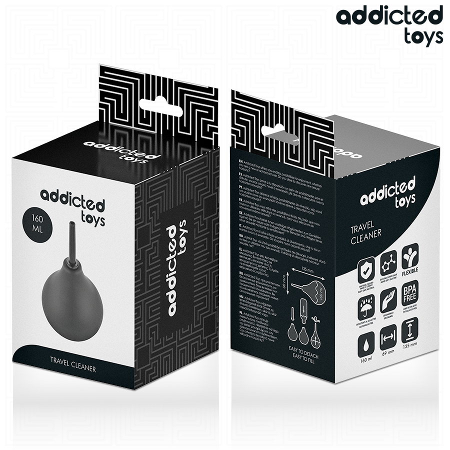 Deux boites Addicted Toys Travel Cleaner, recto et verso du packaging noir et blanc du nettoyeur intime de voyage avec ses pictogrammes body safe.