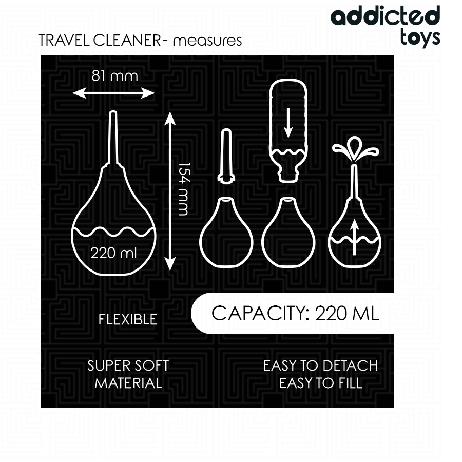 Schema technique de la poire de douche intime Addicted 220 ml, largeur 81 mm et hauteur 154 mm, capacite et etapes de remplissage en silicone flexible.