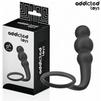 Boite Addicted du plug anal avec anneau penien, packaging noir et blanc avec visuel du combine silicone a billes et anneau lisse et pictogrammes.