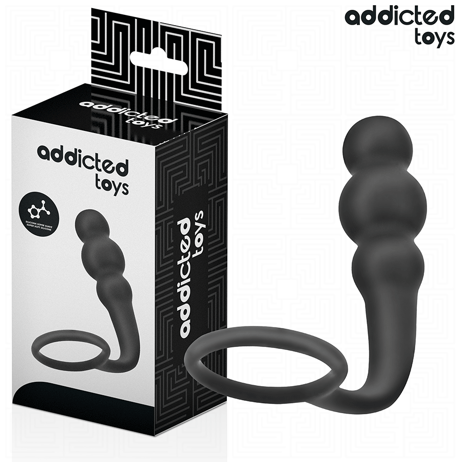Boite Addicted du plug anal avec anneau penien, packaging noir et blanc avec visuel du combine silicone a billes et anneau lisse et pictogrammes.