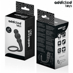 Boite Addicted du plug anal avec anneau penien, packaging noir et blanc face et dos, visuel du combine silicone a billes et anneau et pictogrammes.