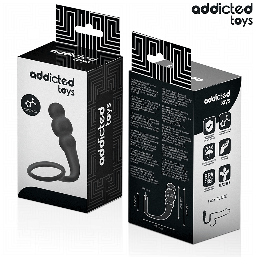 Boite Addicted du plug anal avec anneau penien, packaging noir et blanc face et dos, visuel du combine silicone a billes et anneau et pictogrammes.