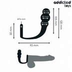 Schema technique du plug anal avec anneau penien Addicted, anneau 74 mm, billes 24 et 30 mm et embout 25 mm, longueur 105 et 120 mm, hauteur anneau 50 mm.