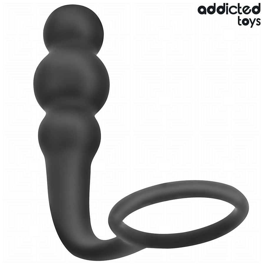 Plug anal Addicted en silicone souple noir a billes etagees couple a un anneau penien lisse, accessoire deux-en-un courbe pour stimulation et maintien.