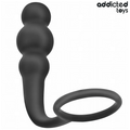 Plug anal Addicted en silicone souple noir a billes etagees couple a un anneau penien lisse, accessoire deux-en-un courbe pour stimulation et maintien.