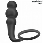 Plug anal Addicted en silicone souple noir a billes etagees couple a un anneau penien lisse, accessoire deux-en-un courbe pour stimulation et maintien.