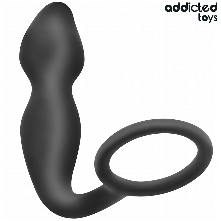 Plug anal Addicted en silicone souple noir a renflements couple a un anneau penien lisse, masseur prostatique deux-en-un courbe pour stimulation et maintien.