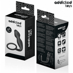 Boite Addicted du masseur prostatique avec anneau penien, packaging noir et blanc face et dos, visuel du combine silicone et anneau et pictogrammes.