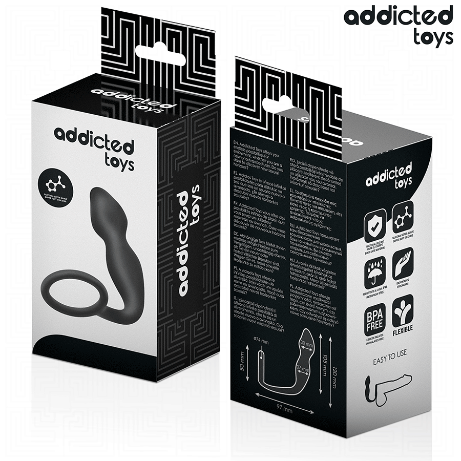 Boite Addicted du masseur prostatique avec anneau penien, packaging noir et blanc face et dos, visuel du combine silicone et anneau et pictogrammes.