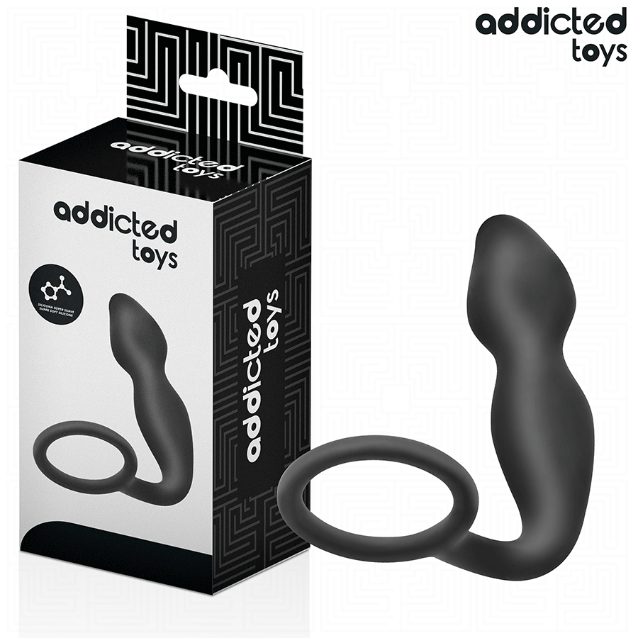 Boite Addicted du masseur prostatique avec anneau penien, packaging noir et blanc avec visuel du combine silicone a renflements et anneau et pictogrammes.