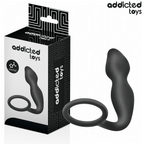 Boite Addicted du masseur prostatique avec anneau penien, packaging noir et blanc avec visuel du combine silicone a renflements et anneau et pictogrammes.