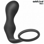 Masseur prostatique Addicted en silicone souple noir a embout renfle couple a un anneau penien lisse, combine deux-en-un courbe pour stimulation et maintien.
