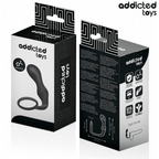Boite Addicted du masseur prostatique avec anneau penien, packaging noir et blanc face et dos, visuel du combine silicone et anneau lisse et pictogrammes.