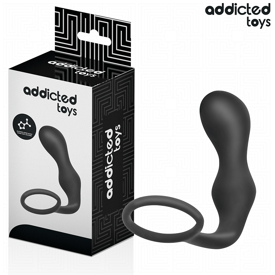 Boite Addicted du masseur prostatique avec anneau penien, packaging noir et blanc avec visuel du combine silicone a embout renfle et anneau et pictogrammes.