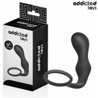 Boite Addicted du masseur prostatique avec anneau penien, packaging noir et blanc avec visuel du combine silicone a embout renfle et anneau et pictogrammes.
