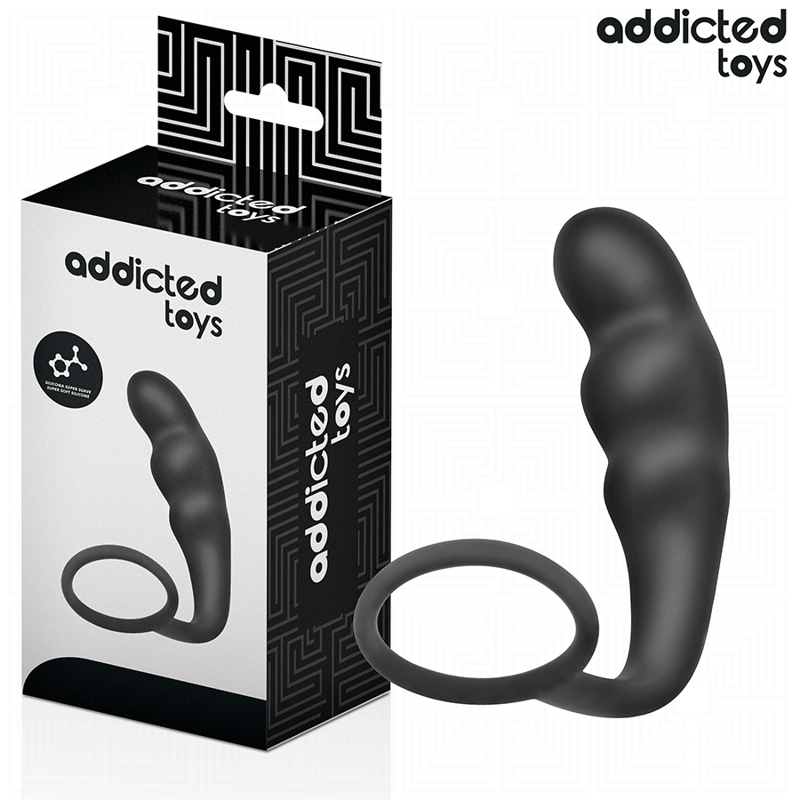 Boite Addicted du masseur prostatique avec anneau penien, packaging noir et blanc avec visuel du combine silicone a renflements et anneau lisse et pictogrammes.