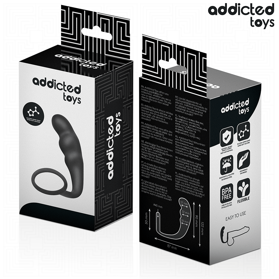 Boite Addicted du masseur prostatique avec anneau penien, packaging noir et blanc face et dos, visuel du combine silicone et anneau lisse et pictogrammes.