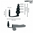 Schema technique du plug anal a billes avec anneau Addicted, anneau 74 mm, billes 16 a 35 mm, longueur 95 et 105 mm, hauteur anneau 50 mm et 110 mm.