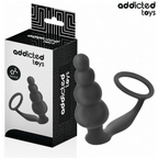 Boite Addicted du plug anal a billes avec anneau penien, packaging noir et blanc avec visuel du combine silicone a billes empilees et anneau et pictogrammes.