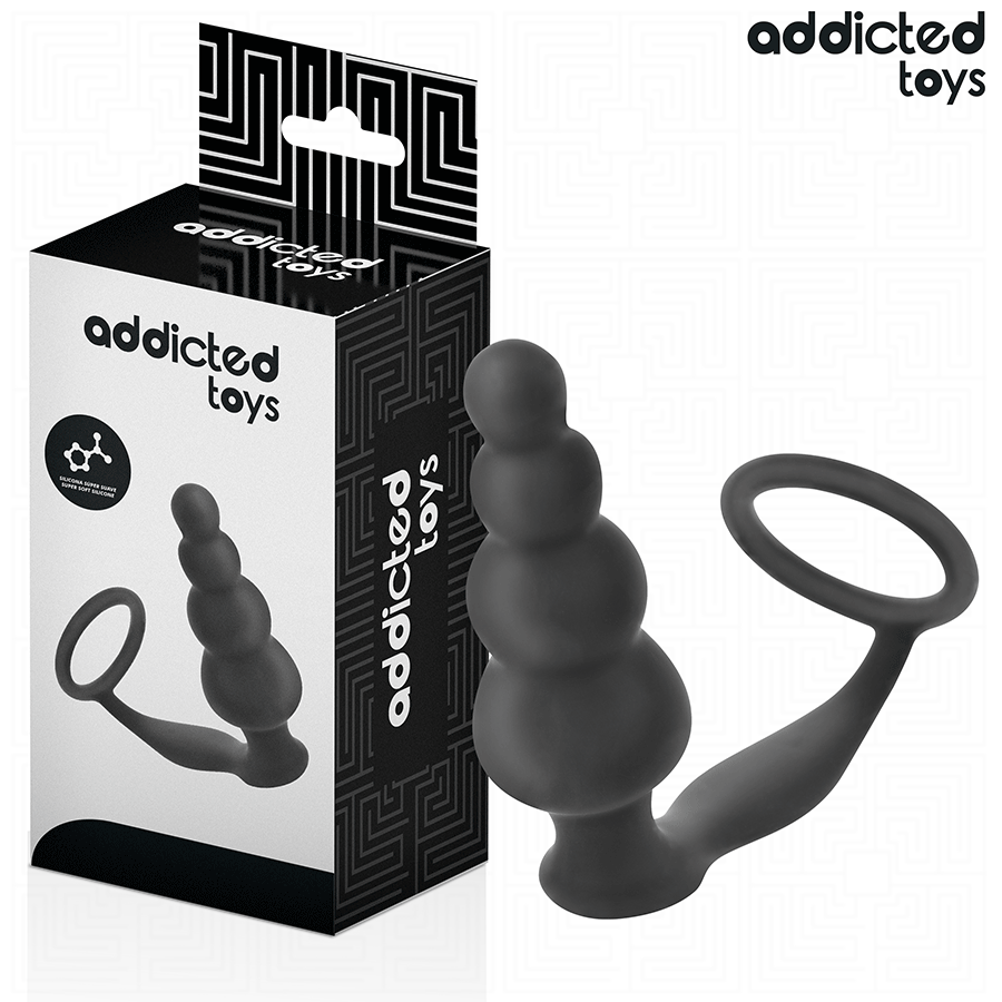 Boite Addicted du plug anal a billes avec anneau penien, packaging noir et blanc avec visuel du combine silicone a billes empilees et anneau et pictogrammes.