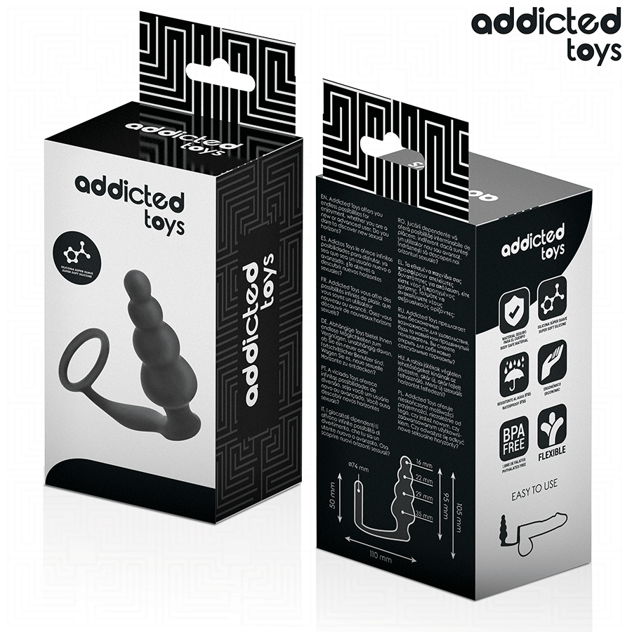 Boite Addicted du plug anal a billes avec anneau penien, packaging noir et blanc face et dos, visuel du combine silicone a billes et anneau et pictogrammes.