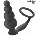 Plug anal Addicted en silicone souple noir a billes empilees couple a un anneau penien lisse, combine deux-en-un courbe pour stimulation anale et maintien.
