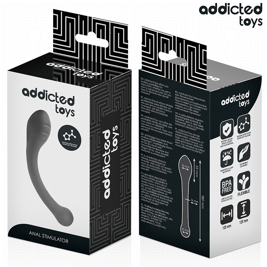 Boite Addicted du stimulateur anal en silicone, packaging anal stimulator noir et blanc face et dos, visuel du gode courbe lisse et schema des mesures.