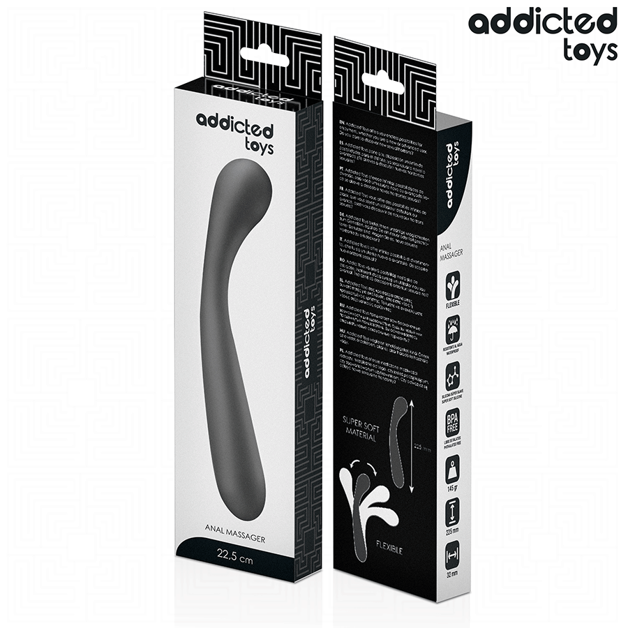 Boite Addicted du masseur anal en silicone 22,5 cm, packaging anal massager noir et blanc face et dos, visuel du gode courbe lisse et pictogrammes.