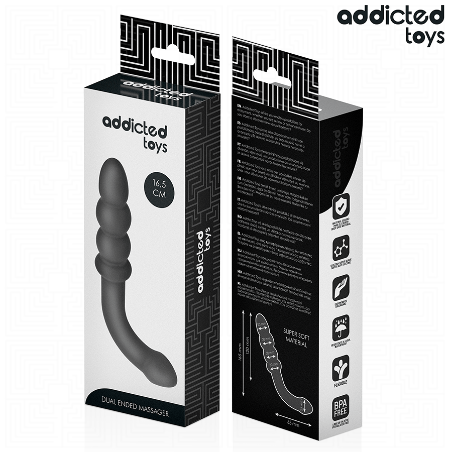 Boite Addicted du double masseur anal en silicone, packaging dual ended massager noir et blanc, visuel du stimulateur a billes progressives et pictogrammes.