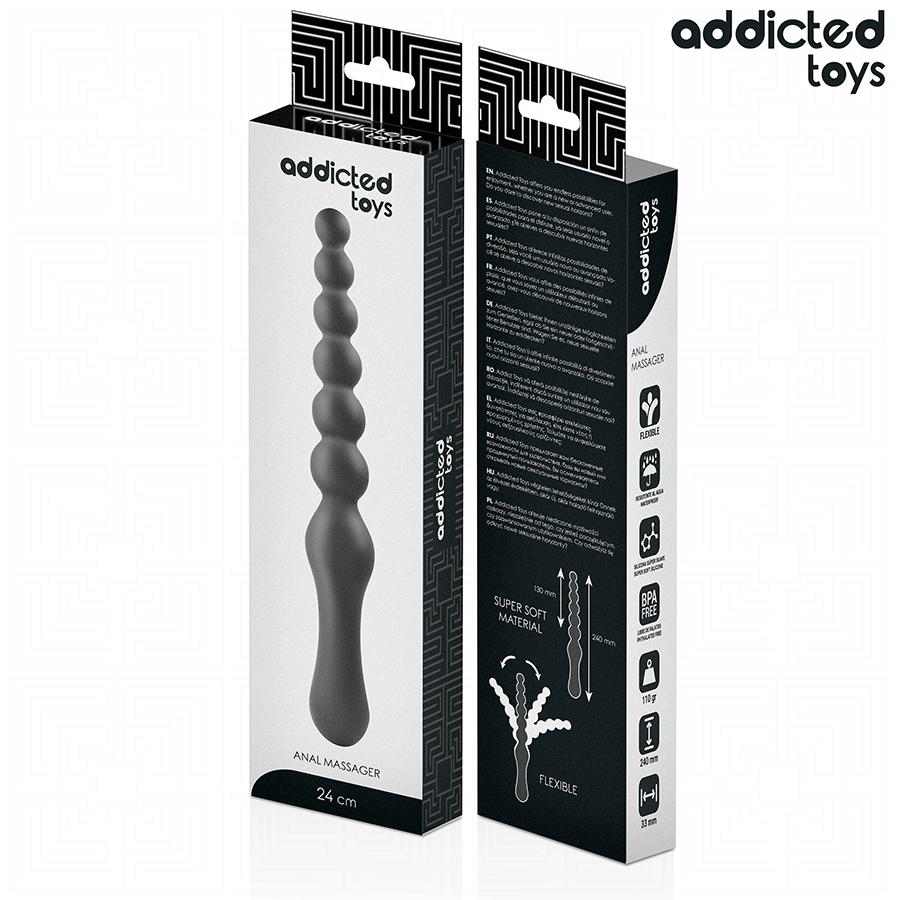 Boite Addicted du chapelet anal en silicone 24 cm, packaging anal massager noir et blanc, visuel du chapelet a billes progressives et pictogrammes super soft.