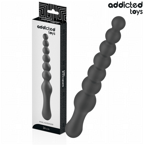 Boite Addicted du chapelet anal en silicone 24 cm, packaging anal massager noir et blanc avec visuel du chapelet a billes progressives courbe et pictogrammes.